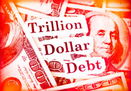Hundred dollar bills with the words "Trillion Dollar Debt."