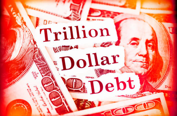 Hundred dollar bills with the words "Trillion Dollar Debt."